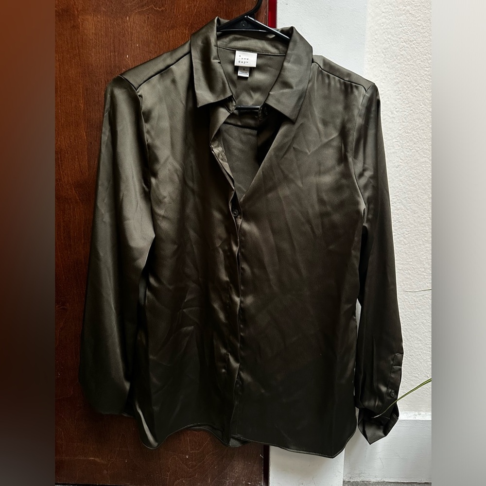 dark green satin button up dress shirt